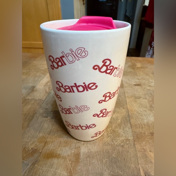 Barbie Other - Ceramic Barbie Mug with Pink Lid Pink and White Travel Coffee Cup